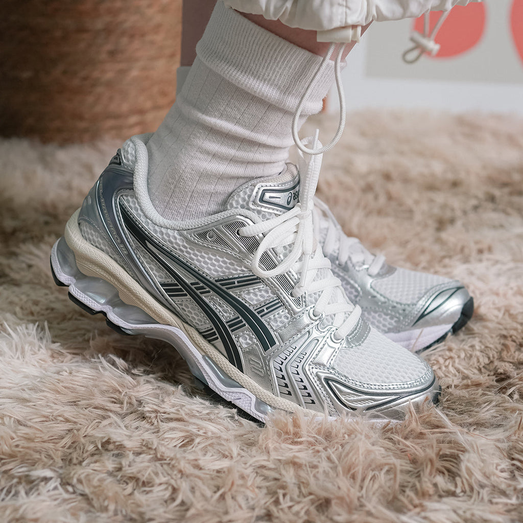 ASICS GEL-Kayano 14 “White Graphite Grey” — pair angled side profile