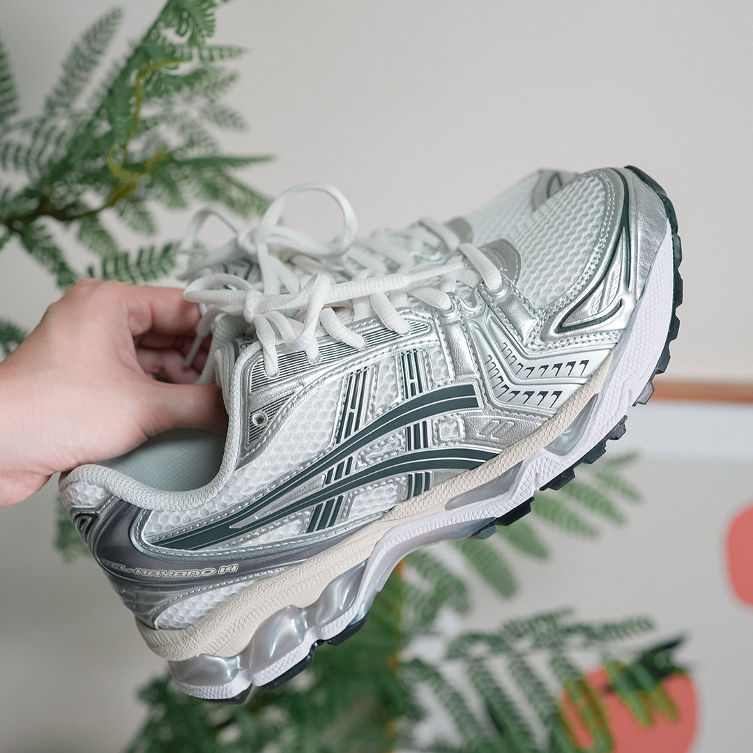 ASICS GEL-Kayano 14 “White Graphite Grey” — with original box, lateral view
